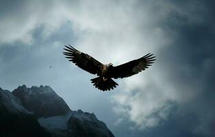 ein Adler Silhouette inmitten Berg Spitzen im Fett gedruckt schwarz und Weiß ai generiert foto