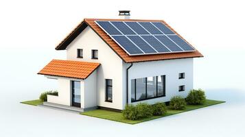 Miniatur Haus Modell- mit Solar- Panel auf Dach auf Weiß Hintergrund. Clever Zuhause Energie Speichern Konzept. generativ ai foto