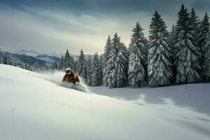 Winter Wunderland Rückzug Skifahren, Rodeln, und das Ruhe von Berg Schönheit zur Verfügung stellen ein Flucht von Stadt Leben ai generiert foto