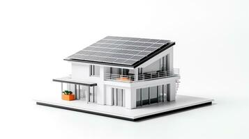 Miniatur Haus Modell- mit Solar- Panel auf Dach auf Weiß Hintergrund. generativ ai foto