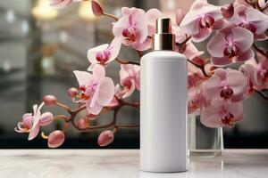 betonen Schönheit kosmetisch Flasche mit Blühen Orchidee Hintergrund, konzentriert ai generiert foto