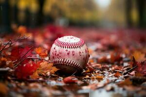 Baseball ruht inmitten Herbst Blätter im Regen Rinne, mischen Sport mit saisonal Schönheit ai generiert foto