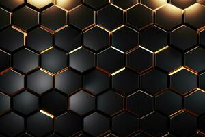 elegant dunkel geometrisch Textur Illustration - - Luxus sechseckig schwarz Metall mit golden Licht Linien, ai generiert foto