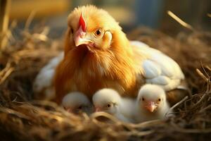 ein Licht rot behaart Mutter Hähnchen zärtlich kümmert sich zum ihr flauschige Küken im ein Heu Nest ai generiert foto