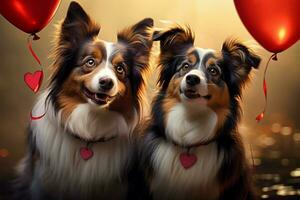 Liebe ausgedrückt wie zwei Rand Collie Hunde Vereinen mit ein Herz geformt Ballon ai generiert foto