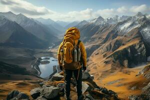 Forscher, Gelb Rucksack im Abschleppen, wandert malerisch Berg Landschaften ai generiert foto