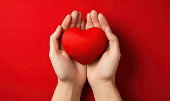 ai generativ. männlich Hände zart halten ein rot Herz. Valentinstag Tag Konzept. erstellt ai Werkzeuge foto