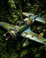Foto verlassen Militär- Flugzeug Sitzung im bewachsen Wald staubig und schmutzig aigeneriert ai