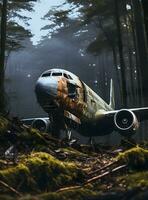 Foto abgestürzt Flugzeug inmitten Wald, verlassen Flugzeug, digital gezeichnet generativ ai