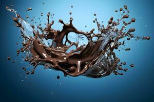 Foto Flüssigkeit Schokolade Spritzen auf Blau Hintergrund generativ ai