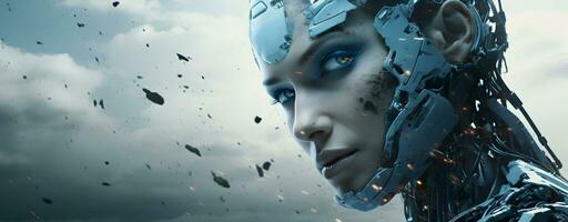 Foto künstlich Intelligenz weiblich Roboter mit Blau glühend Licht generativ ai
