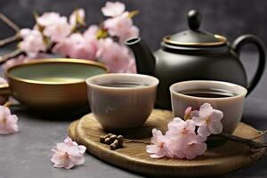 traditionell Zeremonie. Tassen von gebraut Tee, Teekanne und Sakura Blumen auf grau Tisch. generativ ai foto