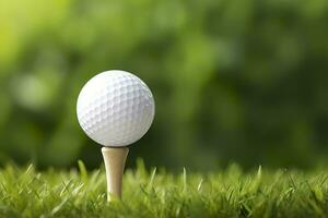 Weiß Golf Ball auf hölzern Tee mit Gras. generativ ai foto