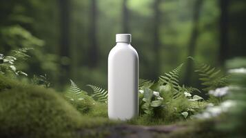 natürlich kosmetisch Produkt Präsentation hinter den Kulissen. draußen Wald Platzierung. Weiß leer Krug Shampoo Flasche. 3d. ai generativ foto