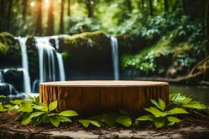 ein leeren rustikal Holz Produkt Anzeige Podium mit Wasserfall Wald Aussicht vorgefertigt Foto Attrappe, Lehrmodell, Simulation Hintergrund ai generativ