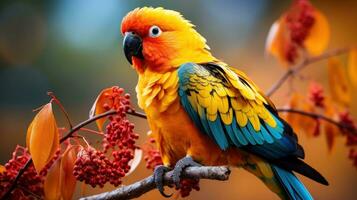 bunt Papagei thront auf Baum Ast foto
