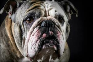 Porträt von ein alt Englisch Bulldogge auf ein schwarz Hintergrund. neural Netzwerk ai generiert foto