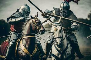 Epos Schlachtfeld Armeen von mittelalterlich Ritter Kampf mit Schwerter. neural Netzwerk ai generiert foto
