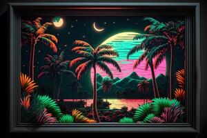 Synthwave Neon- Landschaft mit Palme Bäume und Sonnenuntergang. retro Stil Hintergrund. neural Netzwerk ai generiert foto