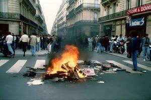Protest im das Stadt und Feuer, schlagen. neural Netzwerk ai generiert foto