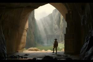 Mann Stehen im Vorderseite von ein Höhle Eingang. neural Netzwerk ai generiert foto