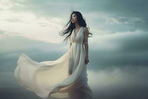 asiatisch Mädchen im ein Weiß Kleid unter das Wolken. neural Netzwerk ai generiert foto