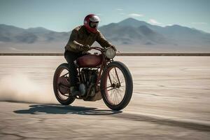 Motorradfahrer Reiten durch uyuni Salz- eben Wüste. neural Netzwerk ai generiert foto