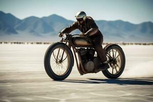 Motorradfahrer Reiten durch uyuni Salz- eben Wüste. neural Netzwerk ai generiert foto