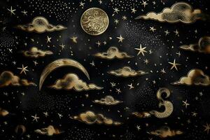 schwarz und Gold Nacht Himmel Illustration mit Mond und Wolken. neural Netzwerk ai generiert foto