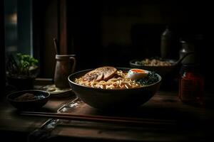 japanisch Ramen Suppe mit Huhn, Ei, Schnittlauch und sprießen auf dunkel hölzern. neural Netzwerk ai generiert foto