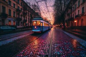 retro Straßenbahn im europäisch Stadt. neural Netzwerk ai generiert foto