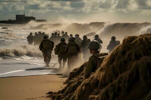 uns Truppen waten zu Utah Strand während das D-Tag. neural Netzwerk ai generiert foto