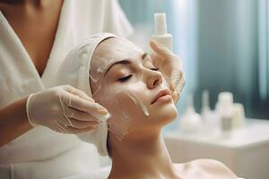 Gesichts- Haut Behandlung. Mädchen Gesichts- Behandlung. Gesichts- Hautpflege. Spa Körper Pflege. neural Netzwerk ai generiert foto