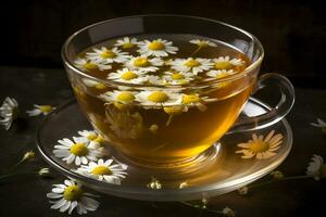 Tasse von Tee mit Kamille Blumen auf rustikal hölzern Hintergrund. neural Netzwerk ai generiert foto