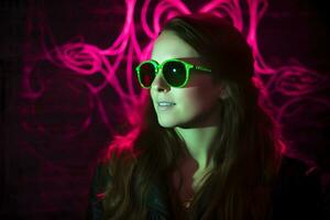 Neon- Porträt von ein Mädchen mit Brille. neural Netzwerk ai generiert foto