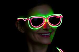 Neon- Porträt von ein Mädchen mit Brille. neural Netzwerk ai generiert foto