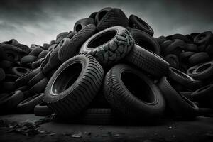 groß Stapel von benutzt alt Auto Reifen zum Recycling. neural Netzwerk generiert Kunst foto