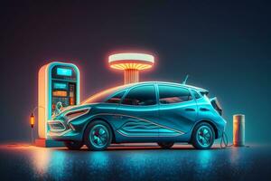 elektrisch Auto beim Laden Bahnhof mit Blau und rot glühend auf dunkel Hintergrund. neural Netzwerk generiert Kunst foto