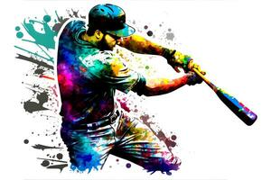 Baseball Spieler mit mehrfarbig Aquarell Spritzen, isoliert auf Weiß Hintergrund. neural Netzwerk generiert Kunst foto