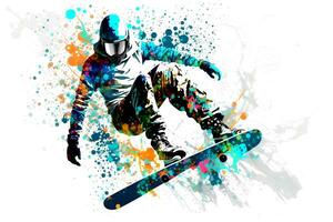 Mann Snowboarder springen auf Snowboard mit regenbogen Aquarell Spritzen isoliert auf Weiß Hintergrund. neural Netzwerk generiert Kunst foto