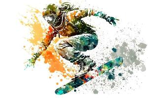 Mann Snowboarder springen auf Snowboard mit regenbogen Aquarell Spritzen isoliert auf Weiß Hintergrund. neural Netzwerk generiert Kunst foto