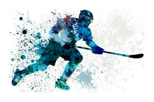 Sportler spielen Eishockey auf Aquarell Regenbogen Spritzen. neural Netzwerk generiert Kunst foto