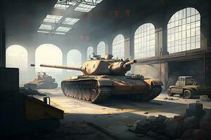 Schlacht Panzer beim ein Militär- Base im ein Halle, ein industriell Pflanze. neural Netzwerk ai generiert foto