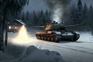 Militär- Schlacht Panzer im Winter Landschaft. neural Netzwerk ai generiert Kunst foto