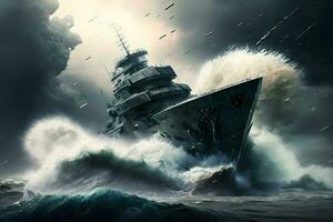 Kriegsschiff beim Meer während ein Sturm. neural Netzwerk ai generiert Kunst foto