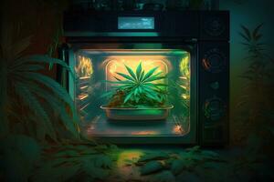 wachsend Marihuana Cannabis Blätter im öffnen Küche Ofen. neural Netzwerk ai generiert foto