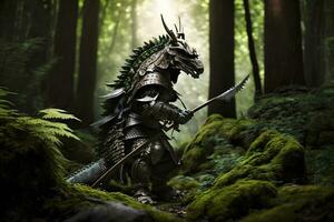 Fantasie Drachen Samurai im das Wald. neural Netzwerk ai generiert Kunst foto