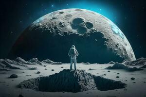 mutig Astronaut beim das Weltraumspaziergang auf das Mond. neural Netzwerk ai generiert foto