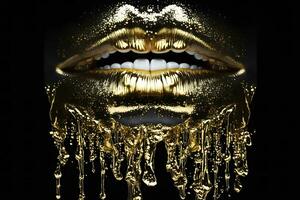 Schönheit bilden golden Luxus Lippen auf ein schwarz Hintergrund. neural Netzwerk ai generiert foto