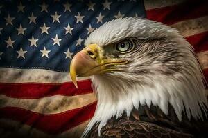 ein wütend Norden amerikanisch kahl Adler auf amerikanisch Flagge. neural Netzwerk ai generiert foto